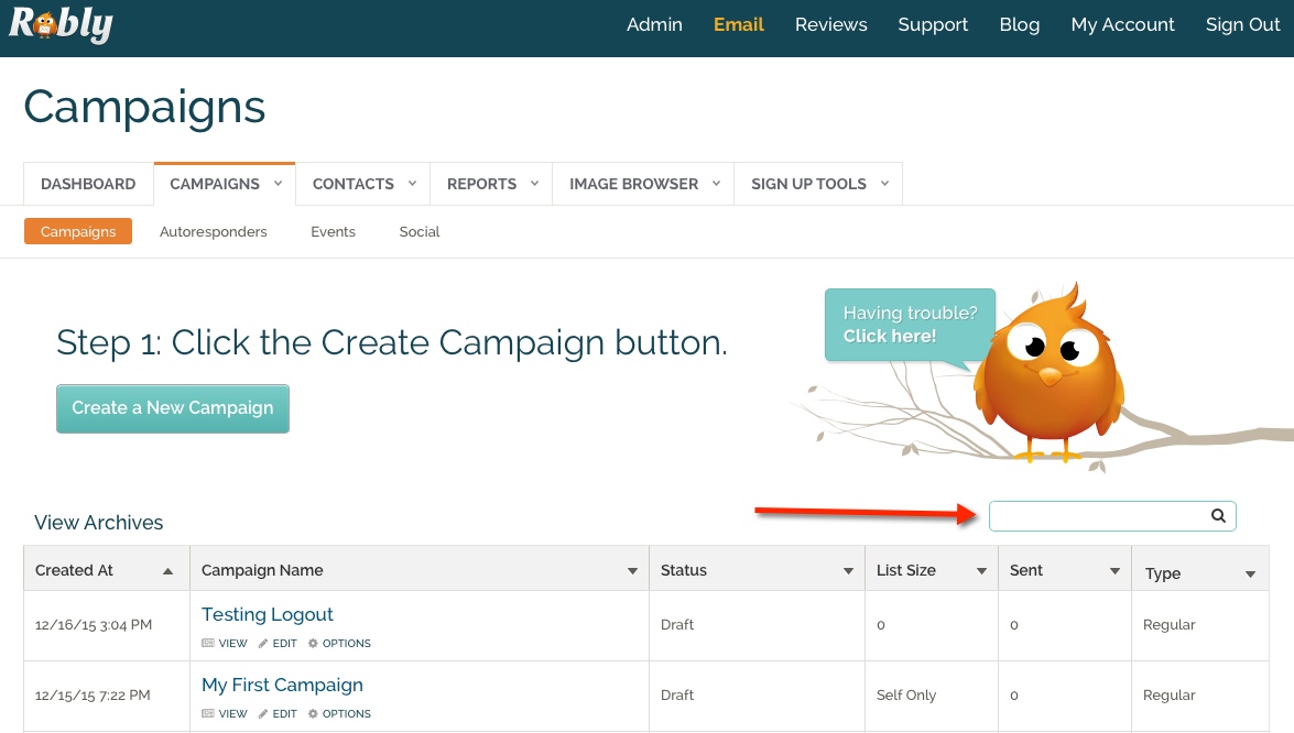 Use the search field under the Campaigns tab to search for different campaigns.